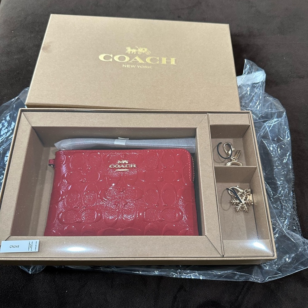 Coach Red Embossed Wristlet and Keychain Set